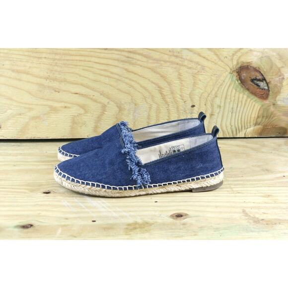 Lands End Womens Shoes 8B Denim Fringe Espadrilles Blue Slip Ons Flats - Picture 1 of 6